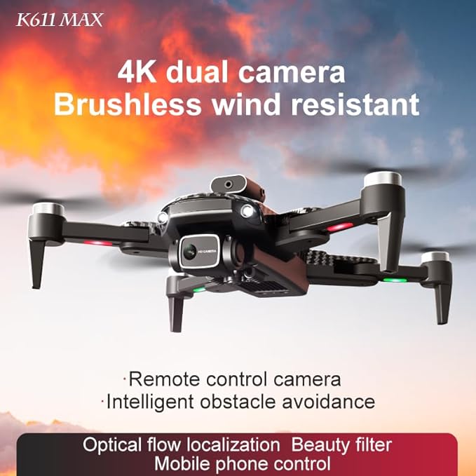 Drone with Camera 4K, 150° Adjustable Lens Foldable RC Quadcopter, Brushless Motors, Night Vision, Shock Absorbing, Obstacle Avoidance, One Key Take Off, 2 Batteries