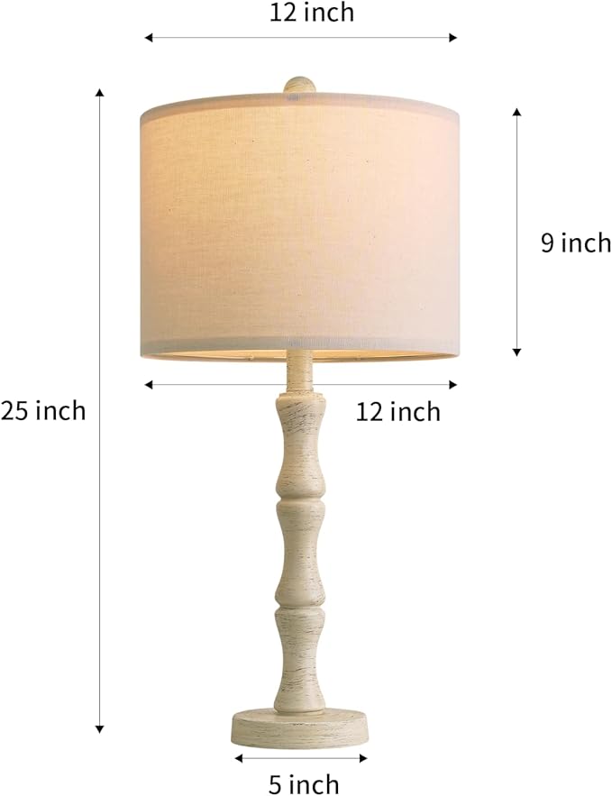 BOBOMOMO 25" Farmhouse Bedside Lamps Set of 2, Vintage Nightstand Lamps with Antique White Resin Base & Linen Shade, Standard Table Lamps for Bedroom, Living Room, End Table & House Décor