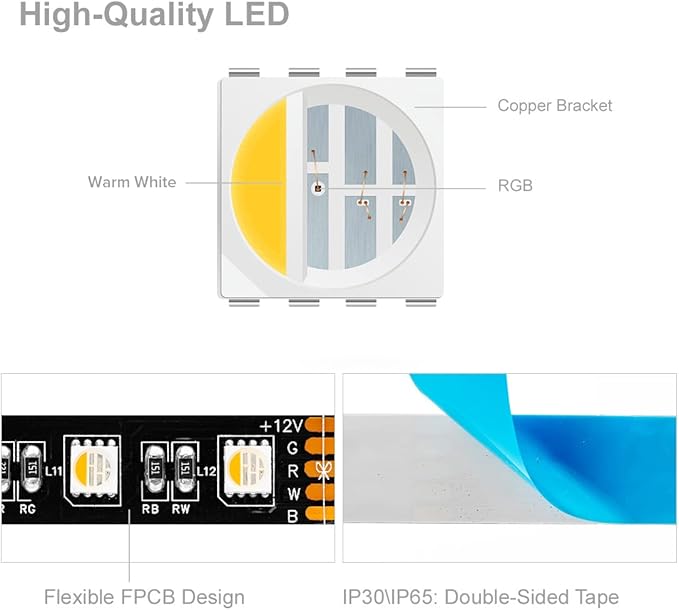 BTF-LIGHTING RGBW LED Strip Lights,UL Listed,5050 4 Colors in 1 RGB + 2700K-3000K Warm White,12V DC,16.4ft/5m 60LEDs/m 12mm Black PCB, IP65 Waterproof for Home Decoration(No Adapter or Controller)