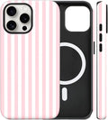 Magnetic for iPhone 15 Plus Case Cute Stripes Phone Case, Shockproof Slim TPU and Hard PC Protective Phone Cover Compatible with MagSafe Designed for Women Girls, Pink and White