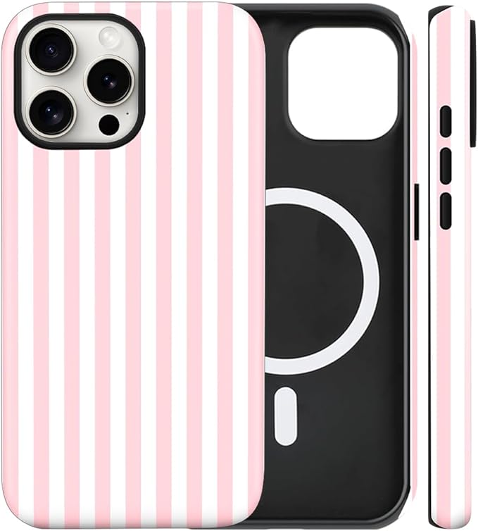 Magnetic for iPhone 15 Plus Case Cute Stripes Phone Case, Shockproof Slim TPU and Hard PC Protective Phone Cover Compatible with MagSafe Designed for Women Girls, Pink and White