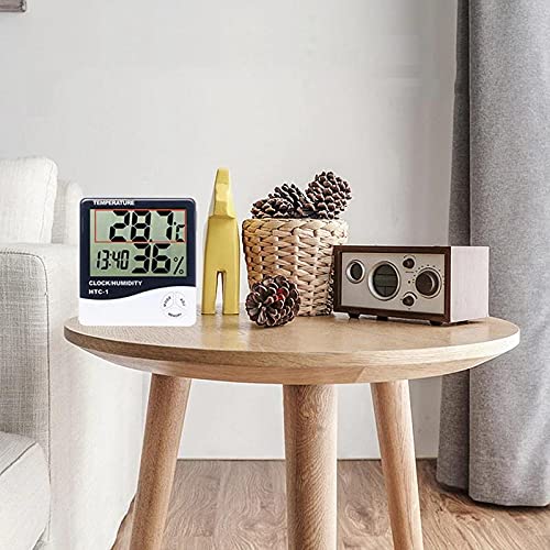 Wellhise HTC-1 Digital Hygrometer Indoor Thermometer Clock/Alarm Humidity Meter Room Thermometer with Temperature and Humidity Monitor Mini Hygrometer Outdoor