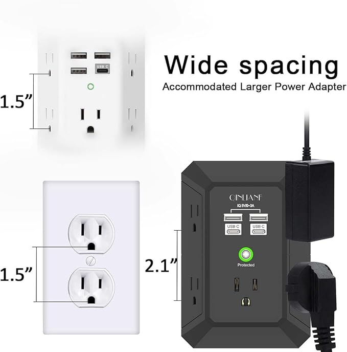 USB Wall Charger, Surge Protector, QINLIANF 5 Outlet Extender with 4 USB Charging Ports(2U2C) 3-Sided 1680J Power Strip Multi Plug Outlets Wall Adapter Spaced for Home Travel Office,Black
