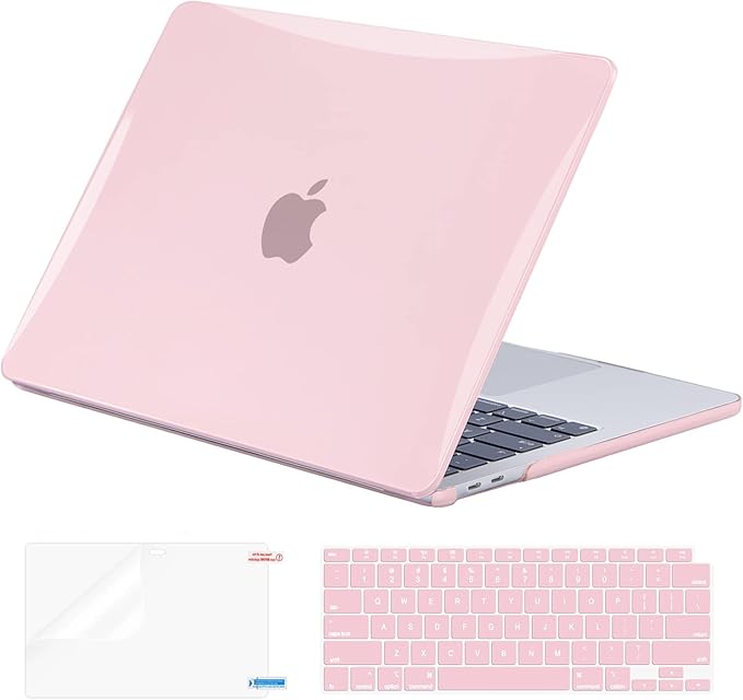 EooCoo Hard Case Compatible with MacBook Air 13.3 inch M1 Chip 2021-2018 with Retina Display, Air 13.3 inch Plastic Protective Case + Transparant Keyboard Cover + Screen Protector, Crystal Pink