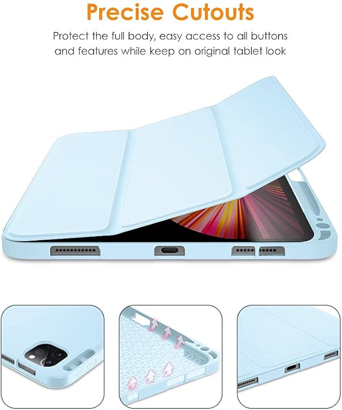 DTTO for iPad Pro 11 inch 4th/3rd/2nd/1st Generation 2022/2021/2020/2018 Case, Smart Slim Trifold Stand Soft TPU Back Cover with Built-in Pencil Holder, Also Fit iPad Air 5/4,Ice Blue