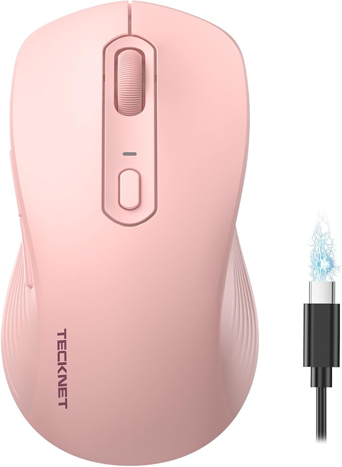 TECKNET Rechargeable Bluetooth Mouse, [ USB + BT5.0 + BT3.0 ] Wireless Mouse, Ergonomic Design, Silent Click, 6-Level 4800 DPI Wireless Mice, 3-Device Switching for Laptop, Computer, MacBook（Pink）