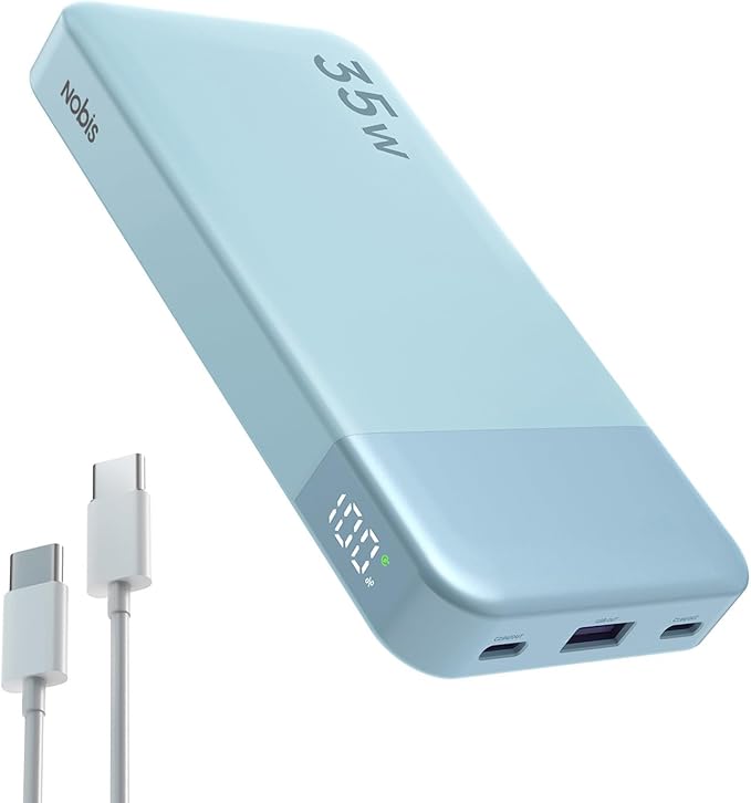 NOBIS Portable Charger, 10000mAh Power Bank Fast Charging, Battery Pack with C to C Cable, Battery Bank with Digital Display for iPhone iPad Android etc (Blue, 35W)