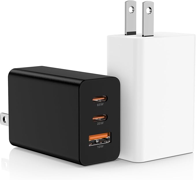 Hzevn 2Pack 65W USB C Wall Charger Block, 3-Port 100W USB C Charging Adapter,Multi Super Fast Charging Power Plug Cube for MacBook Pro/Air,i-Pad Pro,i-Phone 16/15, Galaxy S25，White and Black