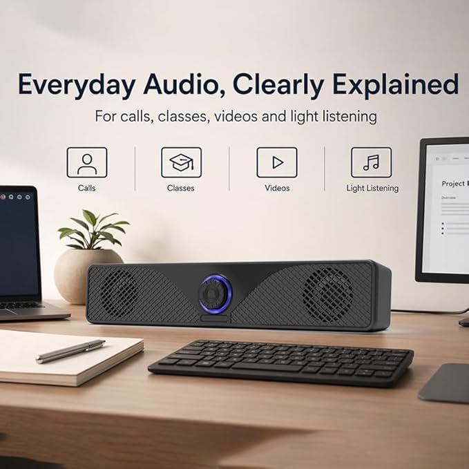 Computer Speakers for Desktop Monitor, USB Powered Wired PC Soundbar with 3.5mm AUX, Plug & Play Speaker Bar with Volume Knob, Clear Sound for Laptop, PC, Home and Office, Black