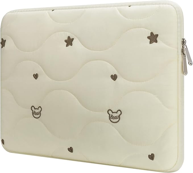 13 14 Inch Laptop Sleeve Case, Water-Repellent Cover with Bear Head Embroidery, Shockproof Padded Bag Compatible with MacBook Air & Pro 13/14 Inch, Beige