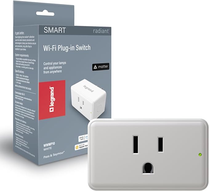 Legrand Radiant® Wi-Fi Matter Smart Plug Matter Hub Required 15A, Easy Setup, Enhanced Compatibility with Apple HomeKit, Google Home, Alexa & SmartThings, Easy Wi-Fi Connectivity w/Matter (1 Pack)