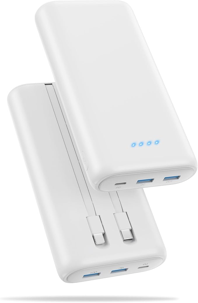 Ekrist Upgraded Portable Charger 40800mAh Power Bank - Portable Battery with 2 Built in Cables,PD 25W USB C Fast Charging Battery Pack Compatible with iPhone 17 16 15 14 13 Android Phone etc-White