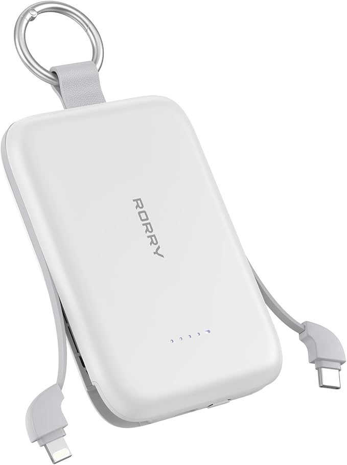 RORRY CharmGo Portable Charger, 10000mAh PD 30W Fast Charging Portable Charger Power Bank with Built-in Cables, Travel Keychain Charger Battery Pack for iPhone 17/16/15, for AirPods 2/3/4/Pro, White
