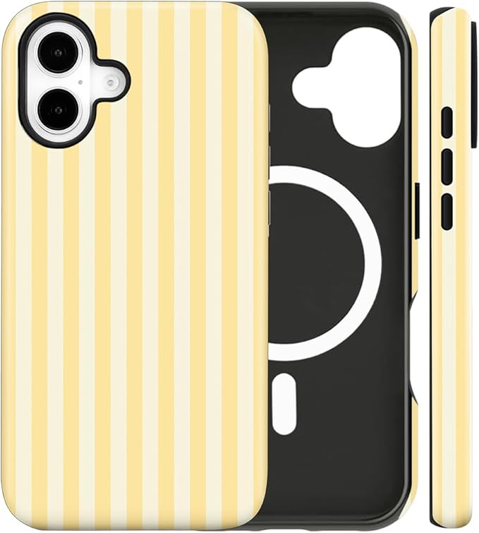 Magnetic for iPhone 16 Plus Case Cute Stripes Phone Case, Shockproof Slim TPU and Hard PC Protective Phone Cover Compatible with MagSafe Designed for Women Girls, Yellow