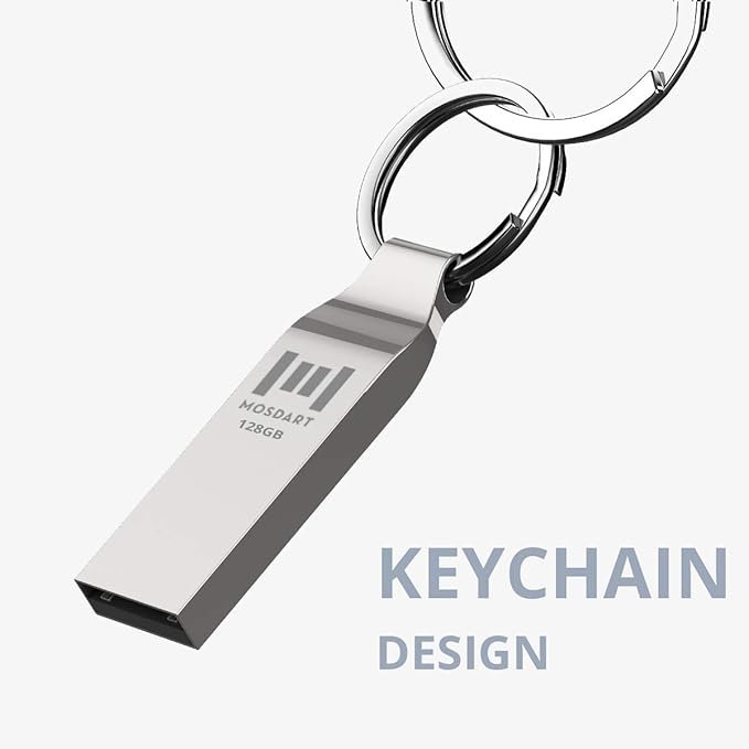 MOSDART Waterproof 128GB USB2.0 Flash Drive, exFAT Metal Memory Stick with Keychain, for System Back, Data Storage, Silver