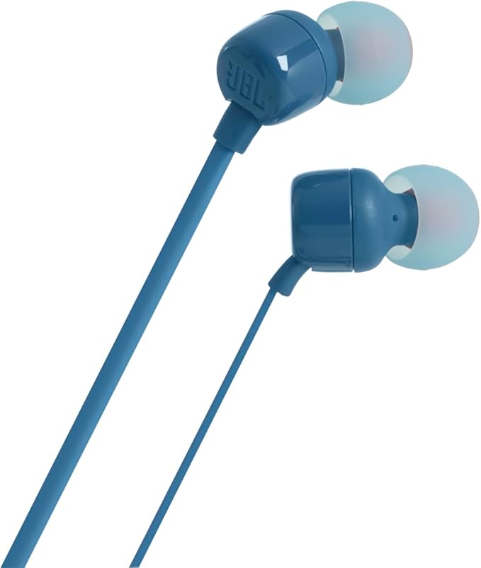 JBL Tune 110 - Wired in-Ear Headphones with JBL Pure Bass Sound, 1-Button Remote, Microphone and Tangle-Free Flat Cable (Blue)