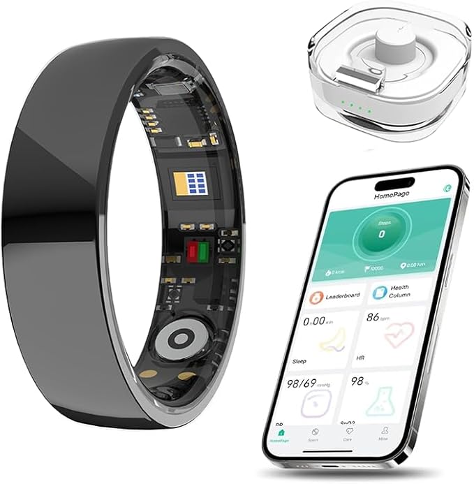Ceramics Smart Ring, Health Fitness Tracker for Women Men with Heart Rate Monitor, Sleep Tracking, BP SpO2, Activity Tracker, Friend Care Scratch Resistant Free App Subscription (Black, 8#)