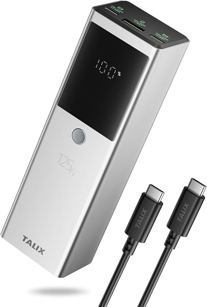 TALIX 125W Power Bank, 12800mAh Portable Laptop Charger with 240W USB-C Cable and 3-Port, PD Fast Charging Battery Pack for Laptop/Lenovo/Dell/MacBook/iPhone 17/Moto/Samsung S26, TSA Approved