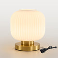 Globe Glass Mid Century Lamp: 7.9" Dimmable Milky White Brass Small Plug in Table Lamps - Vintage Cute Bedroom Ambient Bedside Nightstand Lamp - Modern Entryway Desk Shelf Gold Decorative Ribbed Lamps