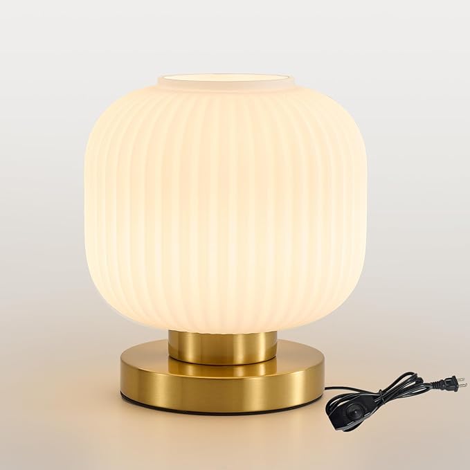 Globe Glass Mid Century Lamp: 7.9" Dimmable Milky White Brass Small Plug in Table Lamps - Vintage Cute Bedroom Ambient Bedside Nightstand Lamp - Modern Entryway Desk Shelf Gold Decorative Ribbed Lamps