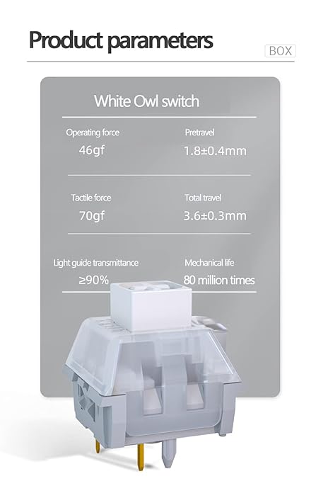 Kailh Box White OWL 46gf Clicky Mechanical Switches for Gaming Keyboard DIY,Compatible for 5pin RGB/SMD hot swappable. (70pcs)