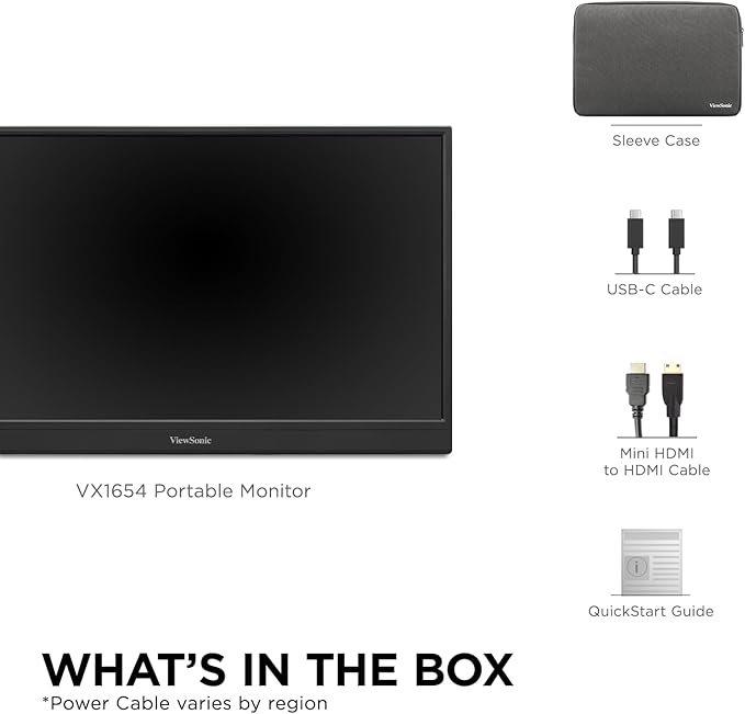 ViewSonic VX1654 16 Inch 1080p Portable Gaming Monitor, IPS Display with 144Hz for Smooth Mobile Workspaces and Fast-Action Gaming, Built-in Stand, 60W USB-C, and Mini HDMI Inputs