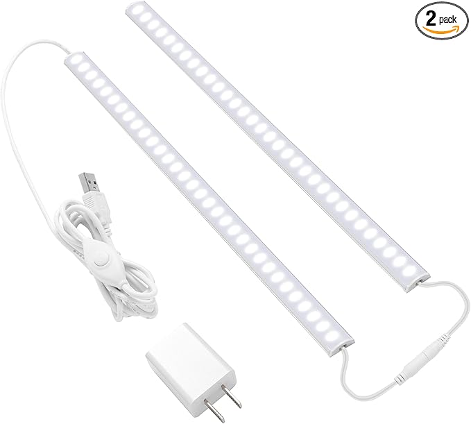 JUSJUBR Plug-in Under Cabinet Lighting, 2pcs 12 Inch Dimmable Closet Light, Cold White 6000K Linkable USB LED Light Bar, Memory Function, Under Counter Lights for Kitchen, Desk, Workspace