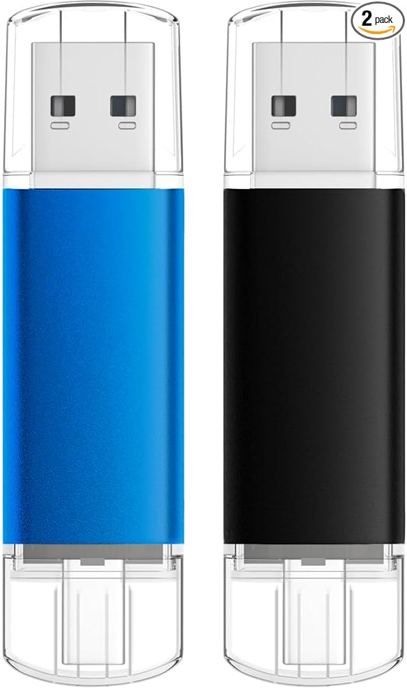 USB C Flash Drive 8GB 2 Pack, AreTop Type-C Flash Drive + USB 2.0 Thumb Drive OTG Memory Stick Compatible with iPhone 16/15, Android Smartphone/Tablets/Computers, 2 Pack, (Black & Blue)