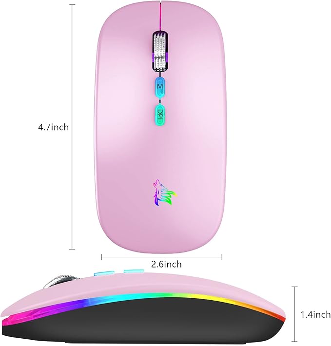 HOTLIFE LED Wireless Mouse, Slim Rechargeable Wireless Bluetooth Mouse, 2.4G Portable USB Optical Computer Mice with USB Receiver and Type C Adapter (Pink)