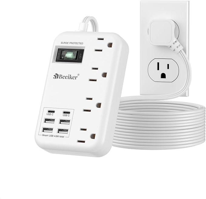 Beeiker 6 USB(2 USB C) Surge Protector Power Strip- 10 Ft Extension Cord with 24W USB Charging Station and 4 Outlets, Long Flat Extension Cord with Multiple Outlets for Travel Home Office Dorm White