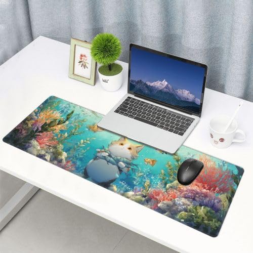 Cat Fish Mouse Pad Extended Large Gaming Mouse Pad XL Stitched Edges for Gamer Home Office 31.5 X 11.8 Inch