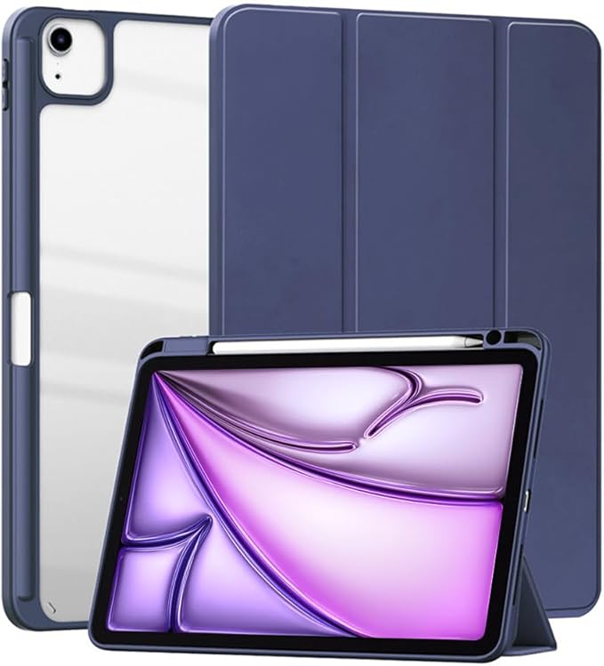 Clear Case for iPad Air 13 Inch (M4 2026/M3 2025/M2 2024)&iPad Pro 12.9 6th/5th/4th/3rd Gen (2018-2022) with Pencil Holder, Magnetic Trifold Smart Stand Cover Auto Wake Sleep (Dark Blue)