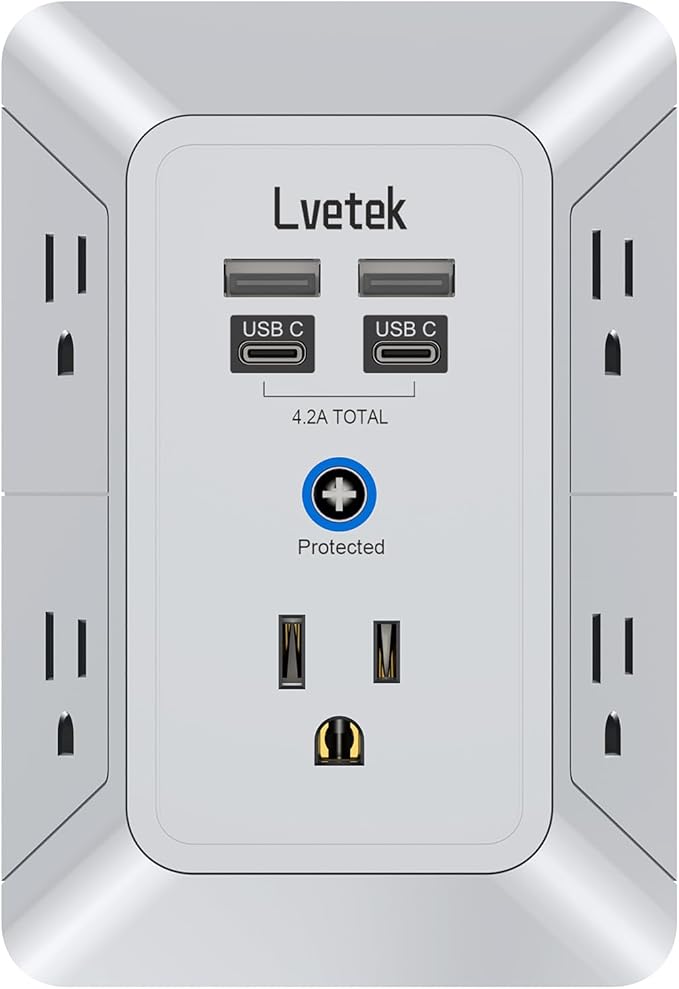 Multi Plug Outlet Surge Protector, Lvetek Outlet Extender with 5 Outlet and 4 USB Ports(2 USB C), 3-Sided Multiple-Plug Outlet Splitter Wall Charger for Home Travel Office,ETL Listed,Grey