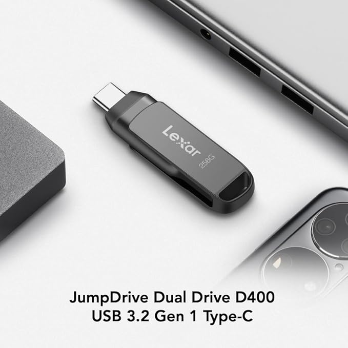 Lexar 256GB JumpDrive Dual Drive D400 USB 3.2 Type-C & Type-A Flash Drive for Storage Expansion, Photo Back-up for iPhone 15, Up to 130MB/s, Metal Housing & Swivel Design, Titanium (LJDD400256G-BNQNU)