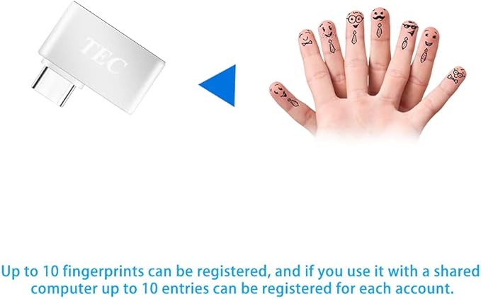 TEC Type-C Fingerprint Reader for Windows 10 Hello, TEC TE-FPA-C Bio-Metric Fingerprint Scanner PC Dongle for Password-Free and File Encryption, 360° Touch Speedy Matching Security Key