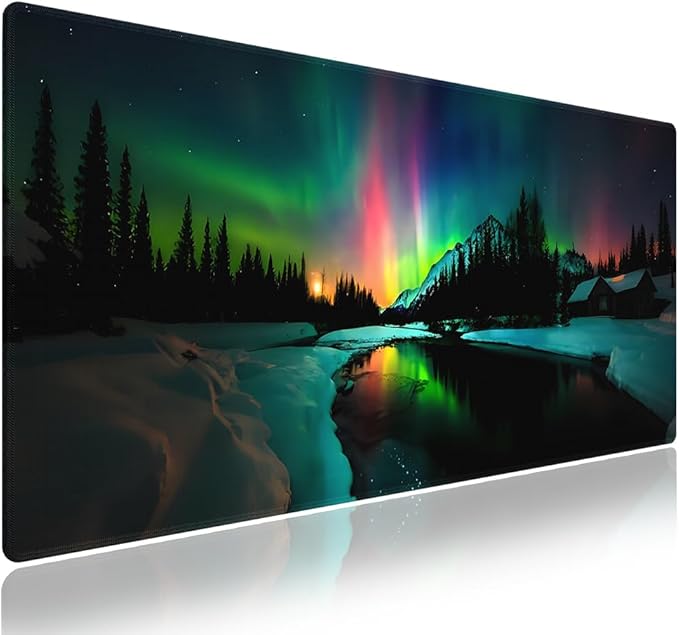 Extra Large Gaming & Office Mouse Pad (31.5" x 11.8") – Aurora Borealis Over Winter Landscape Snow Mountains & Calm Lake & Captivating Night Sky, XXL Desk Mat with Durable Stitched Edges