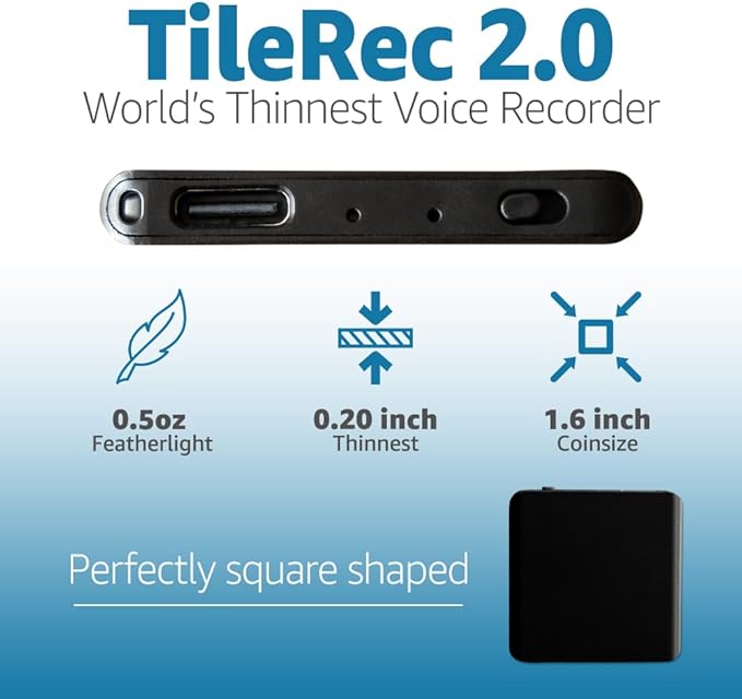 Voice Activated Recorder with Playback – 64GB Storage, 1100 Hours of Audio Recording, Slim & Portable for Meetings, Interviews & Classes, Easy Notetaker - TileREC- Dark Grey- by Atto Digital