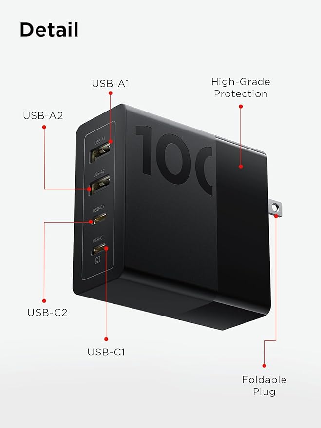 Lenovo 100W USB C Charger, 4-Port Multi-Device Fast Charging, Black GaN Power Block with 240W Cable, for Thinkpad, MacBook, Dell XPS, iPhone, Samsung