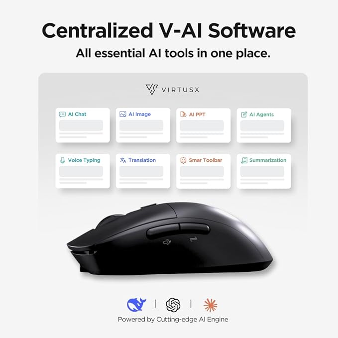 Virtusx Jethro AI Mouse - Voice & Audio Recorder for Lecture & Meeting, Centralized Software with Voice Typing, Writing Tools, Transcribe, Translate & Summarize, Wireless Mouse for Computer, Laptop