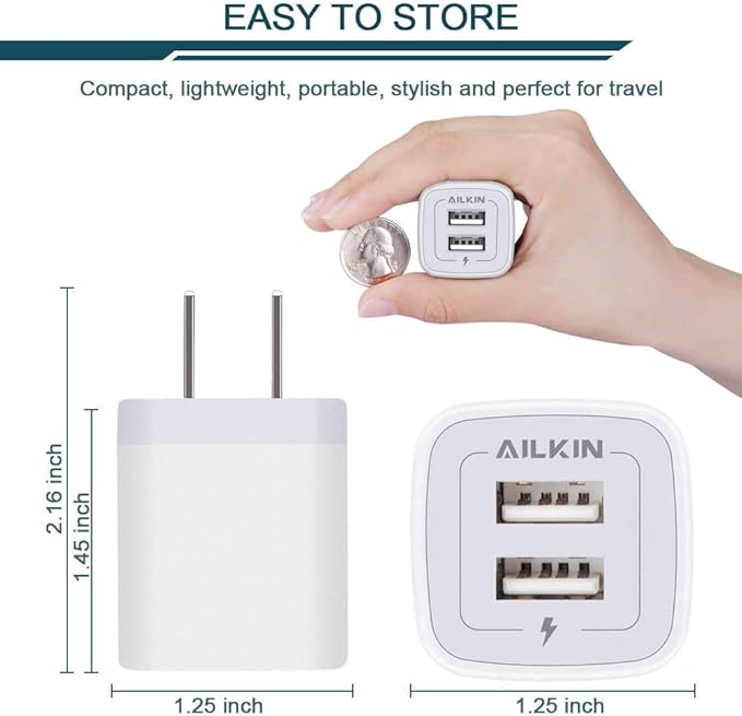 【5Pcs】 USB Plug, Wall Charger Fast Charging Block, Power Adapter Cube 2 Port Charge Travel Brick Cell Quick Chargers Box cargador for iPhone 17 16e 16 Pro Max 15 14 13 12 SE 11Pro Max Samsung Galaxy