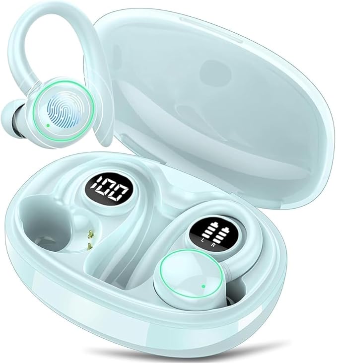 PEFUPEW Wireless Earbuds, Bluetooth 5.4 Headphones Sport, Over Ear Buds with ENC Noise Cancelling Mic, 48H, Wireless Earphone with Earhooks, IP7 Waterproof Buds for Workout Running, Light Blue