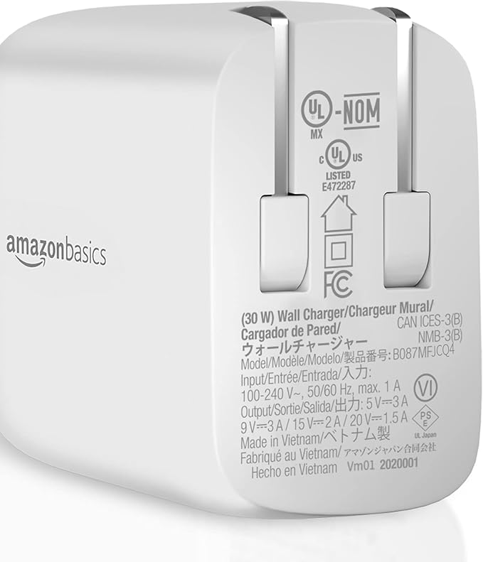 Amazon Basics 30W One-Port GaN USB-C Wall Charger with Power Delivery PD for Tablets & Phones (iPhone 16/15/14/13/12/11/X, iPad, Samsung, More), Non-PPS, White