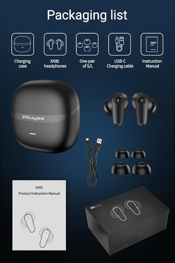 Piluyaa Wireless Earbuds Bluetooth 5.4 Headphones in Ear Buds, True ANC+ENC Noise Cancelling Earbuds, HiFi Stereo Deep Bass Earphones for Sports/Workout-Black