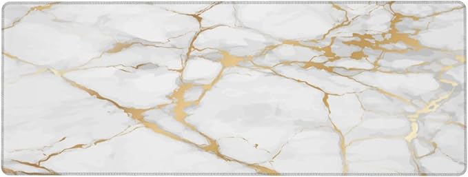 White and Gold Marble XL Large Mouse Pad with Stitched Edges Long Non-Slip Rubber Base Mousepad Laptop Keyboard Mat Desk Pad for Office Home Desk Decor, 31.5" X 11.8"