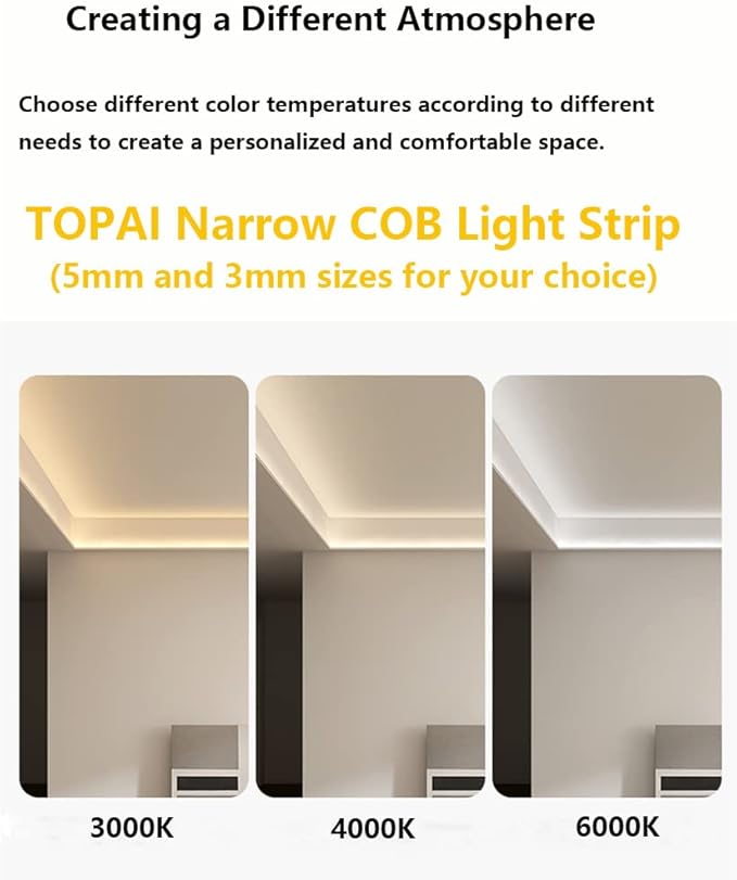 TOPAI 12V Thin 3mm COB LED Strip 6000K Cool White 16.4ft Bright White CRI>90 Uniform Dotless 400LEDs/M Adhesive Flexible Cuttable LED Tape Light for DIY, Bedroom, Under Cabinet Lighting