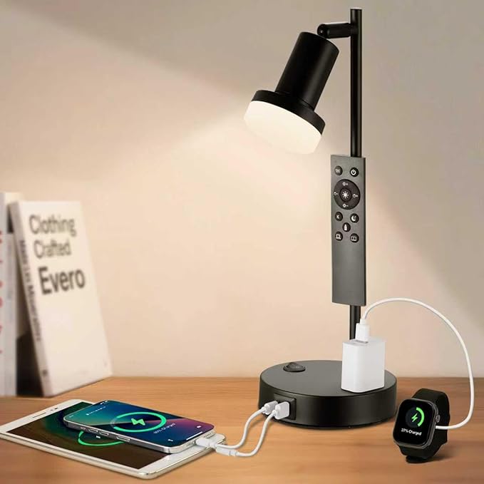 Industrial Table Lamp with Remote Control for Stepless Dimmer & Temperatures, Bedside Lamp with USB C+A Ports and AC Outlet, Flexible Head-Desk Lamp for Bedroom, Living Room, Office (Black)