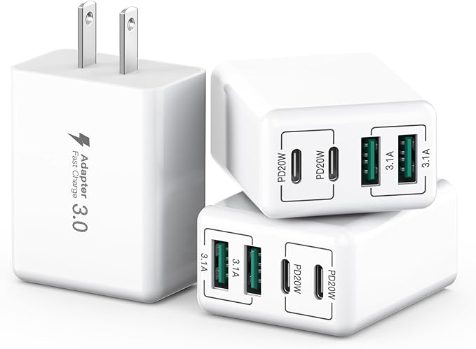 [3-Pack] USB C Wall Charger, 40W 4-Port USB C Charger Block,Fast Charging Block Dual Port PD+QC Wall Plug Multiport Type C Compatible with iPhone 14/13/12/11/Pro Max/XS/XR/8, Samsung Phone,Tablet