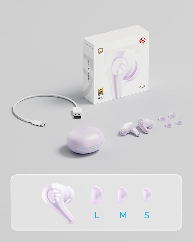 SoundPEATS C30 Hybrid ANC Earbuds, LDAC Hi-Res Audio, 52H Playtime, 52dB Adaptive Noise Cancelling Wireless Earbuds, 6-Mic Clear Call, 12mm Driver, Bluetooth 6.0, Multi-Point, IP54 - Pink