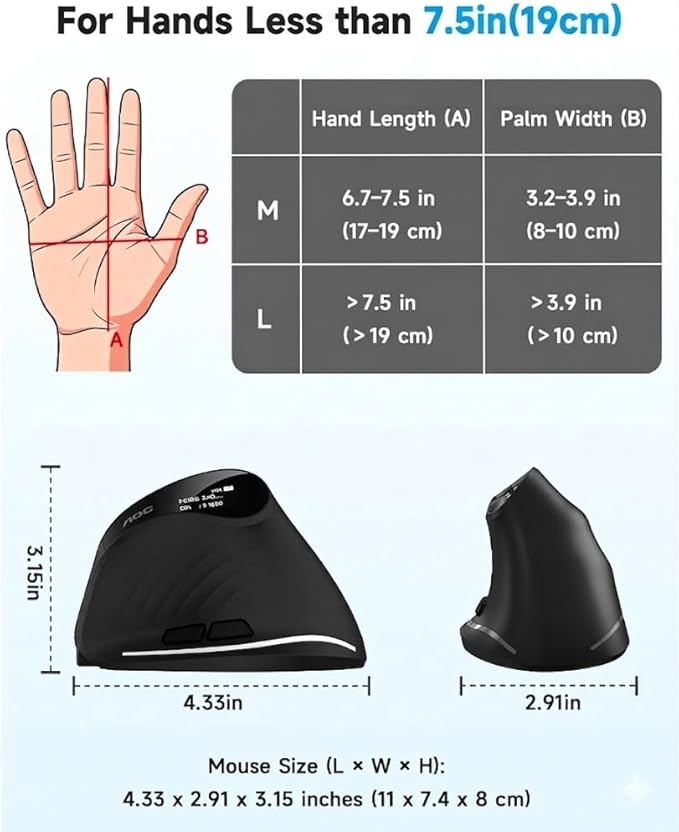 AOC 2.4GHz Ergonomic Mouse, Wireless Bluetooth Vertical Mouse for Work, 4800 DPI Optical Tracking, 5 Adjustable DPI, Quiet Clicks, RGB Light, Compatible with Computer, Laptop, PC, Mac, Desktop - Black