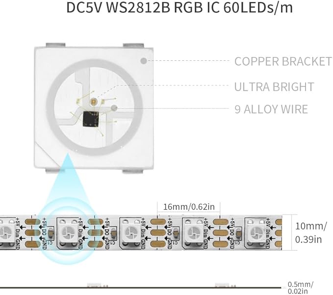 WS2812B IC RGB 5050SMD ECO Individual Addressable LED Strip Light, 16.4FT 300LED 60LED/m Flexible Full Color IP65 Waterproof DC5V White PCB for DIY Project (No Power Adapter or Controller)